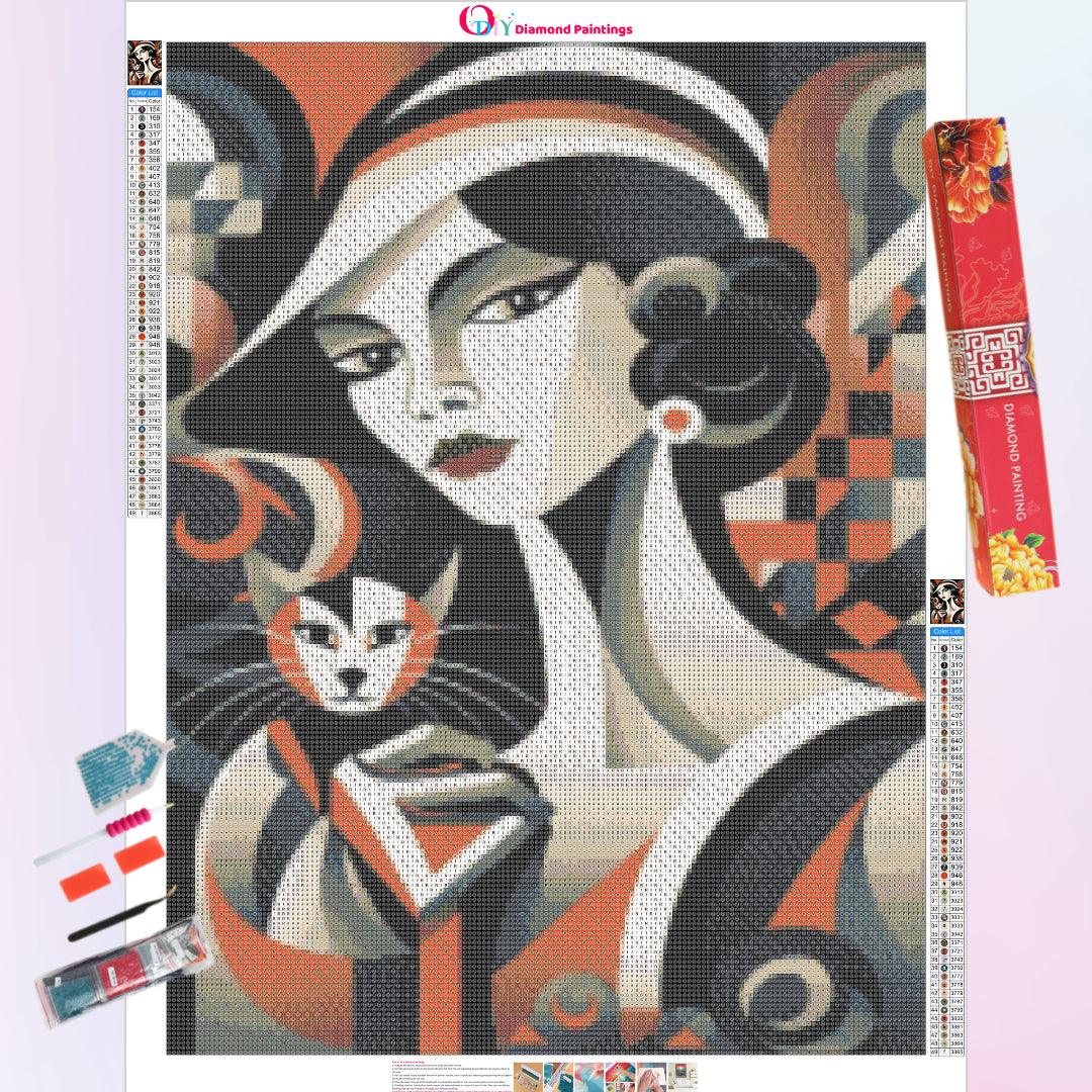 Abstract Lady with A Cute Kitty Diamond Painting