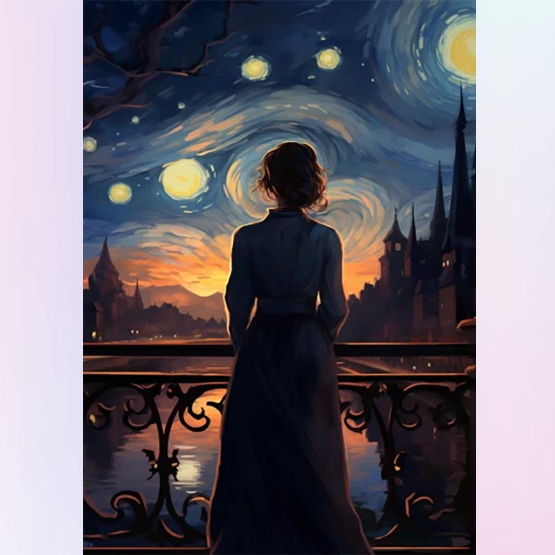 Lady Standing Alone under the Starry Night Diamond Painting
