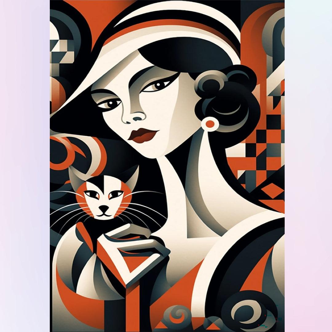 Abstract Lady with A Cute Kitty Diamond Painting