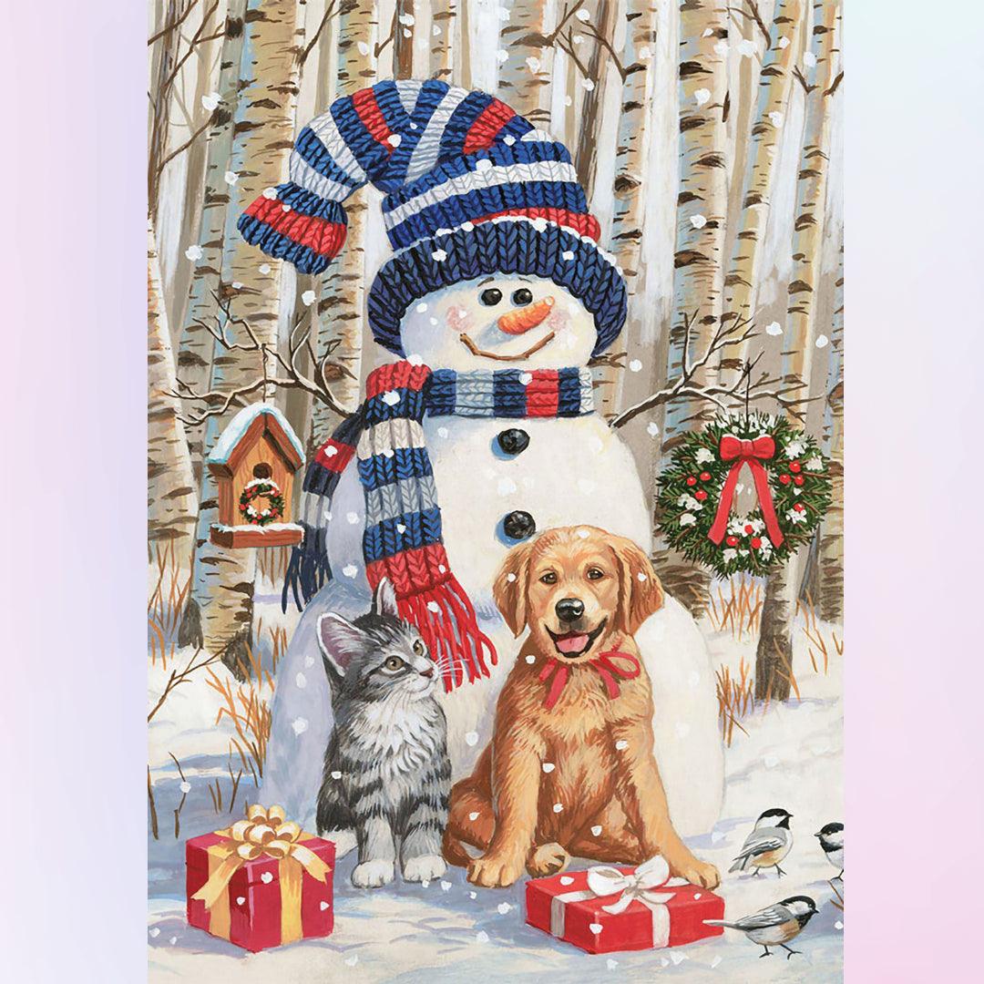 Cute Cat Dog & Snowman in Christmas Diamond Painting