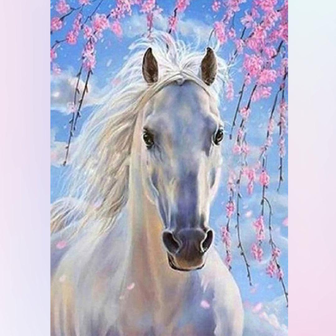 White Horse under the Peach Blossoms Diamond Painting