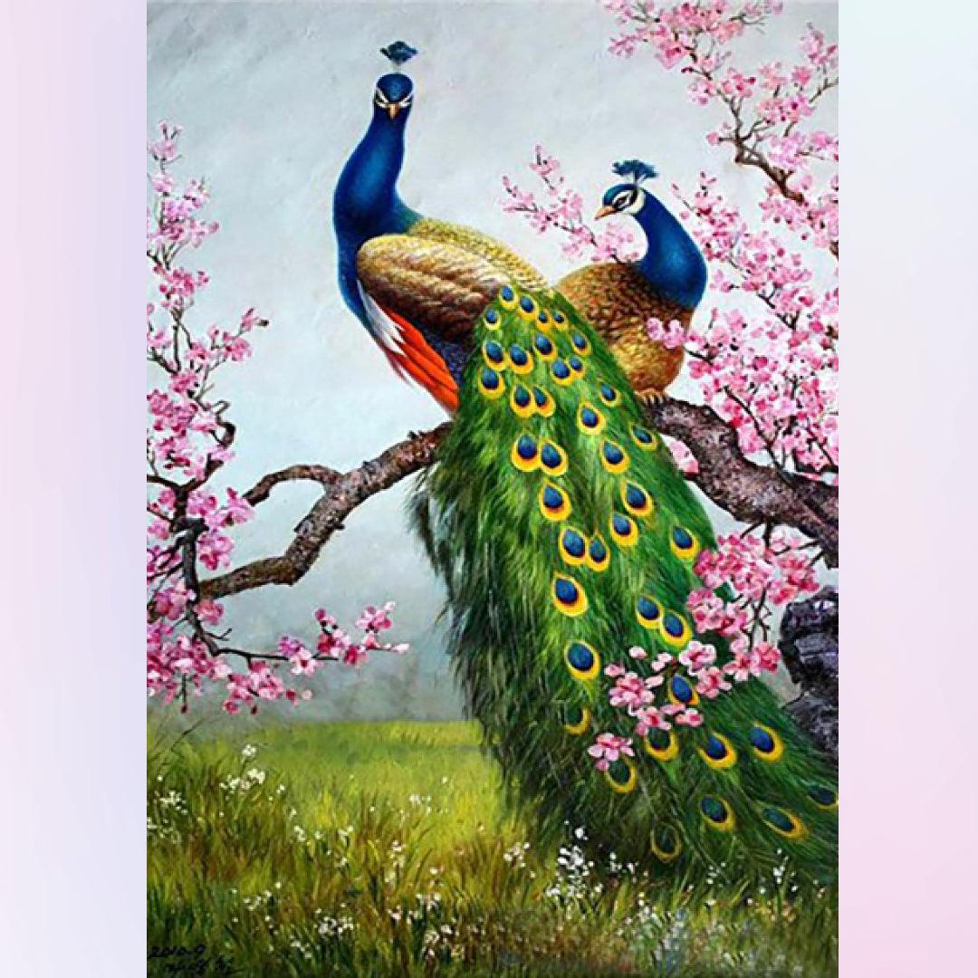 Peacocks with Peach Blossom Diamond Painting
