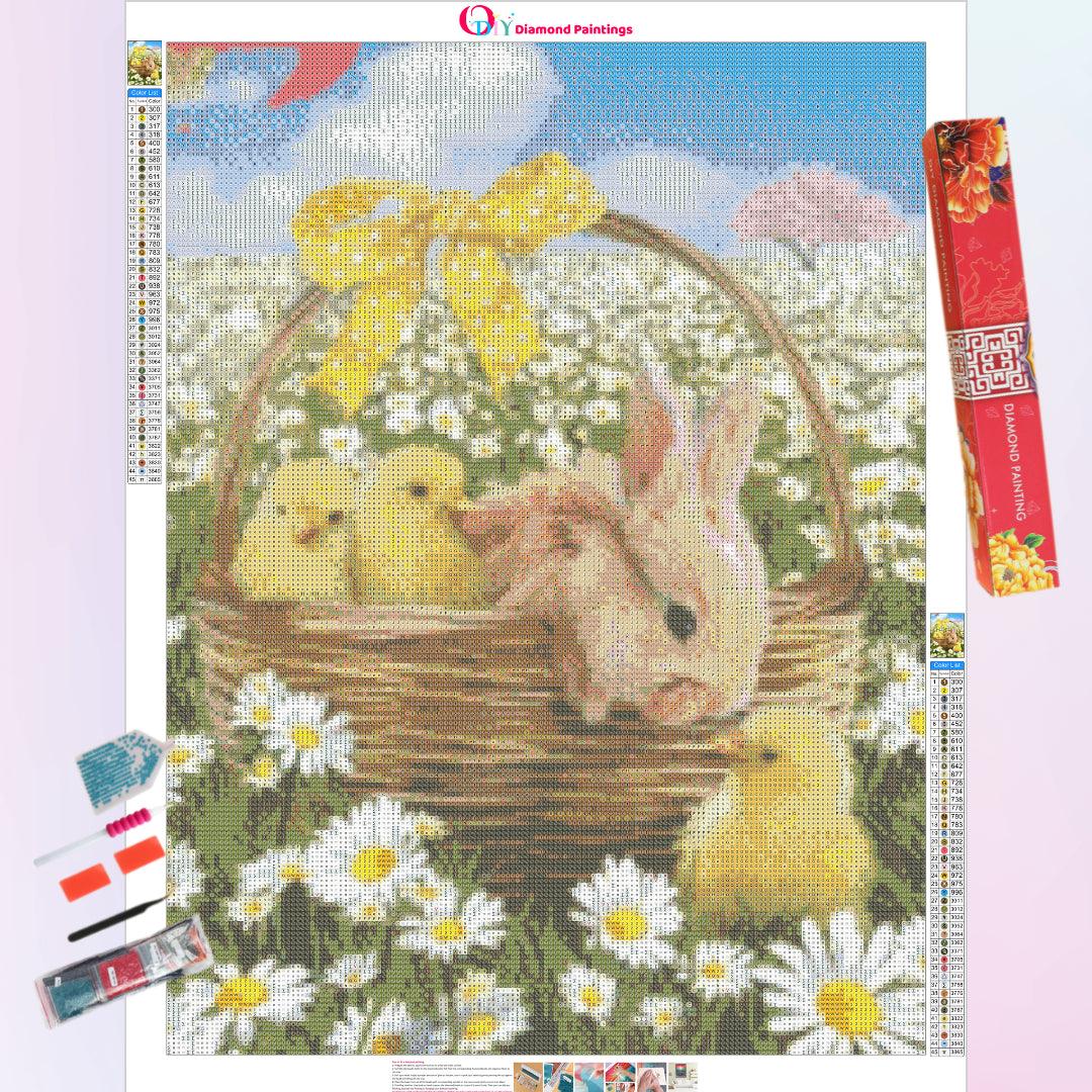Rabbit & Chicks in the Field of Daisies Diamond Painting