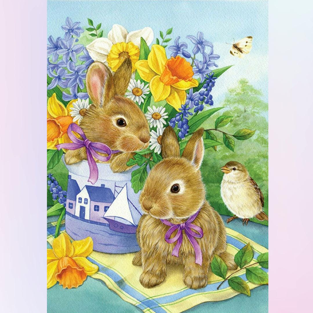 Rabbits with Flowers Diamond Painting