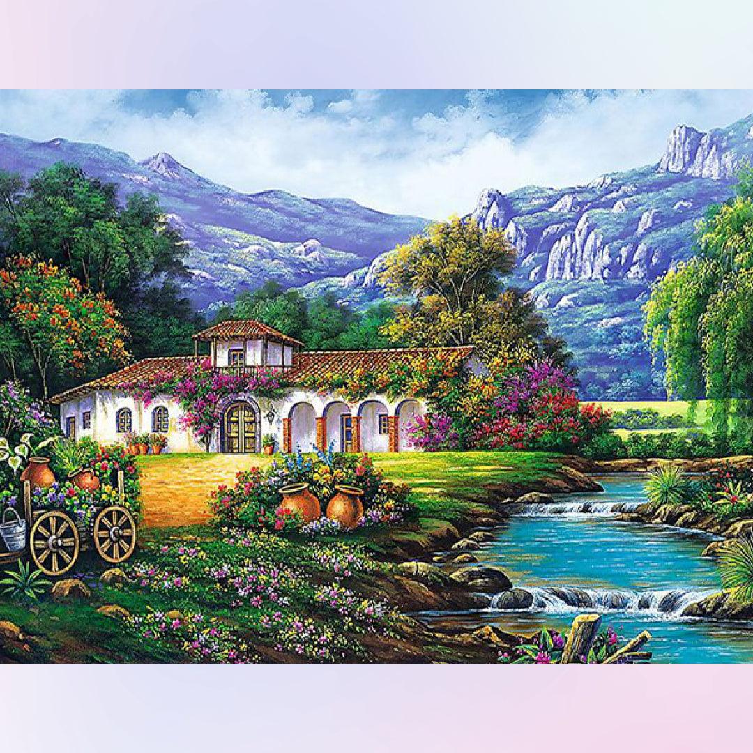 Flower House at the Foot of the Mountain Diamond Painting