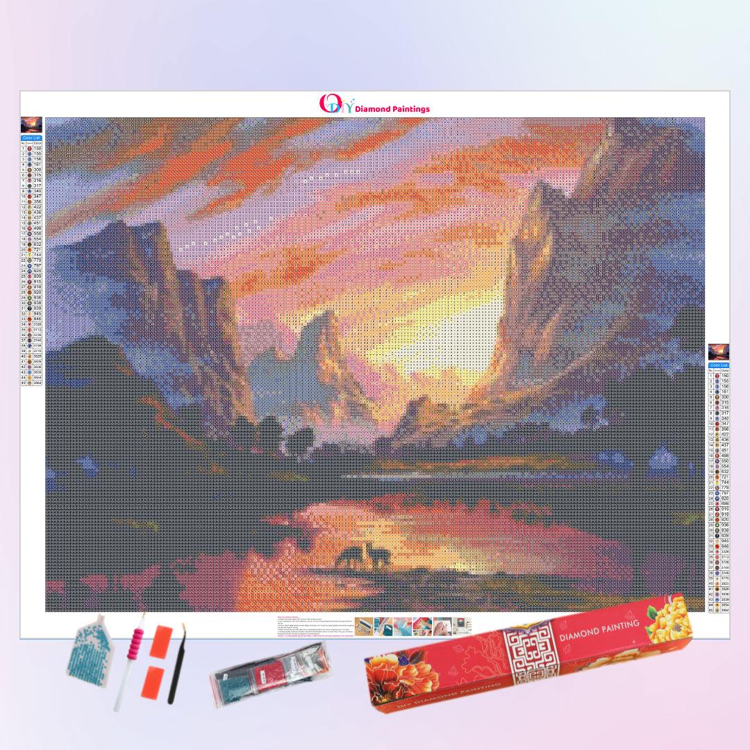 Beautiful Sunset Over Mountains and Rivers Diamond Painting