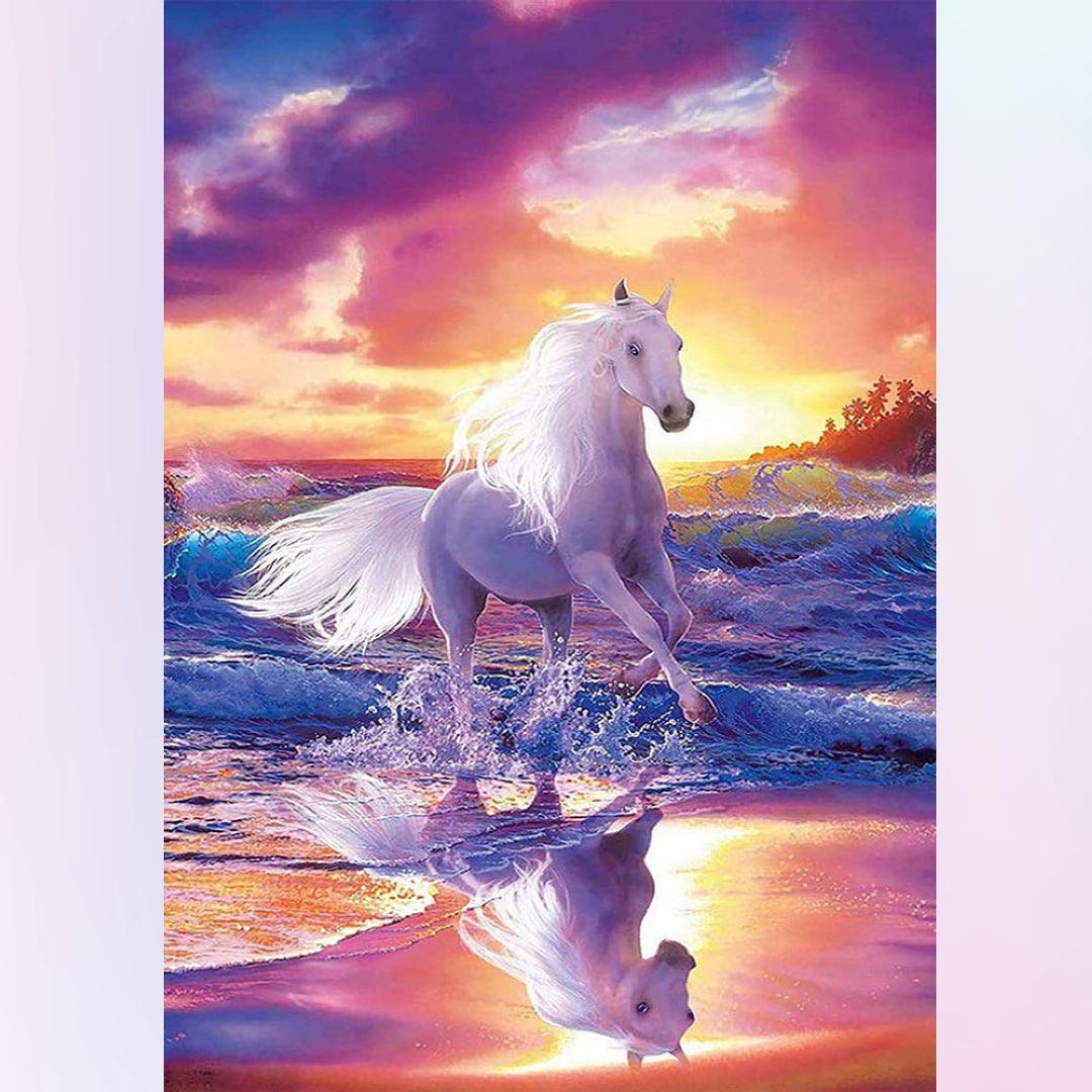White Horse in the Seaside Sunset Diamond Painting