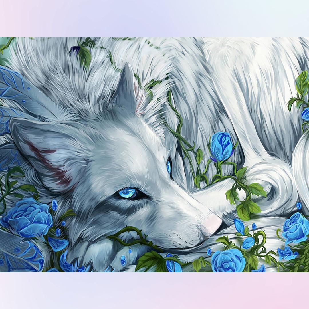 Wolf Rest in the Blue Rose Diamond Painting