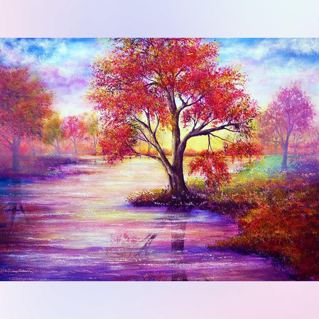 Red Trees Along the River Diamond Painting