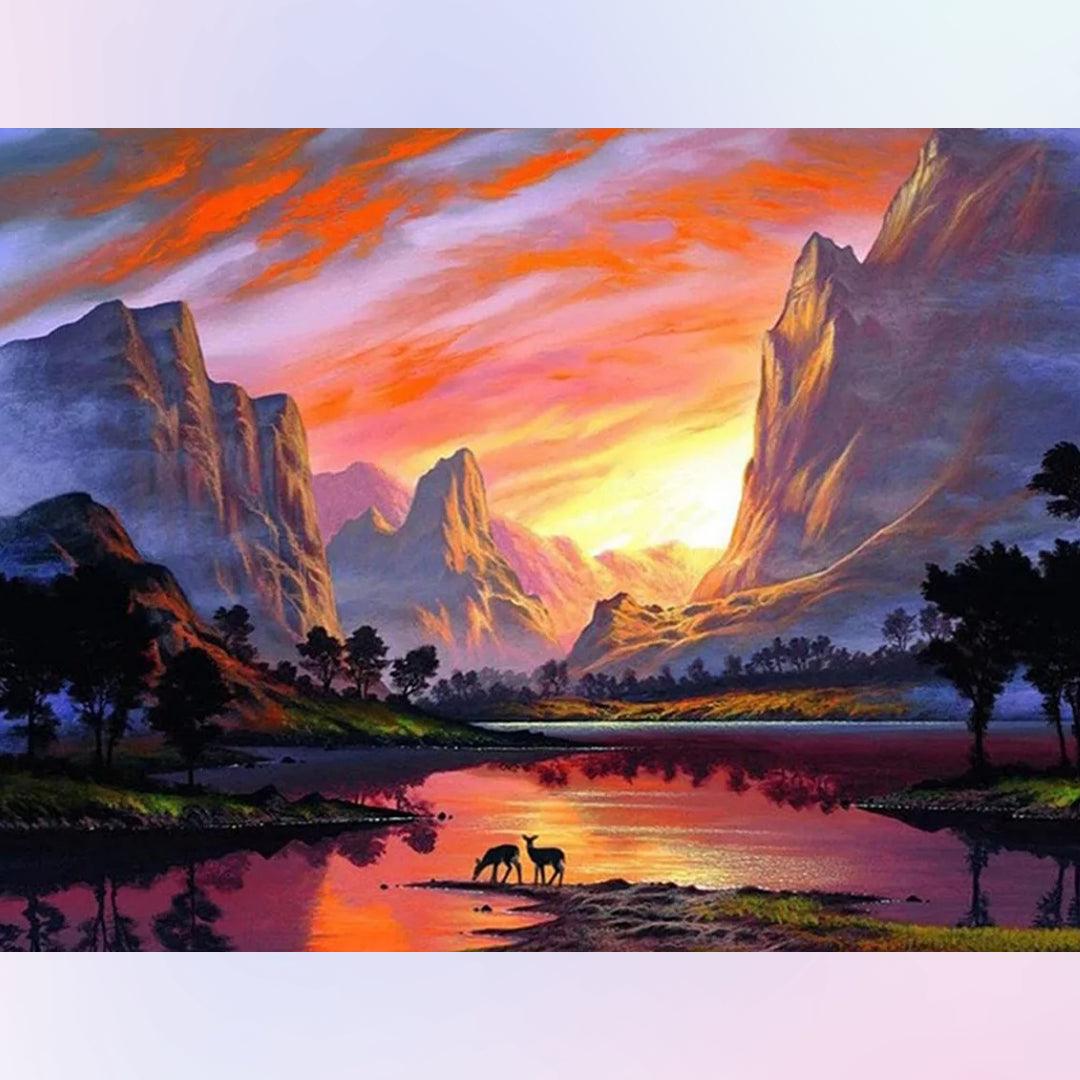 Beautiful Sunset Over Mountains and Rivers Diamond Painting