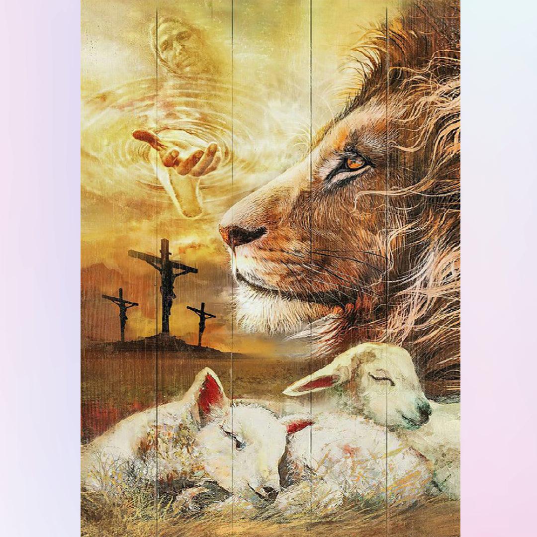 Mild Lion & Sheep Peaceful World under God Jesus Hand Diamond Painting