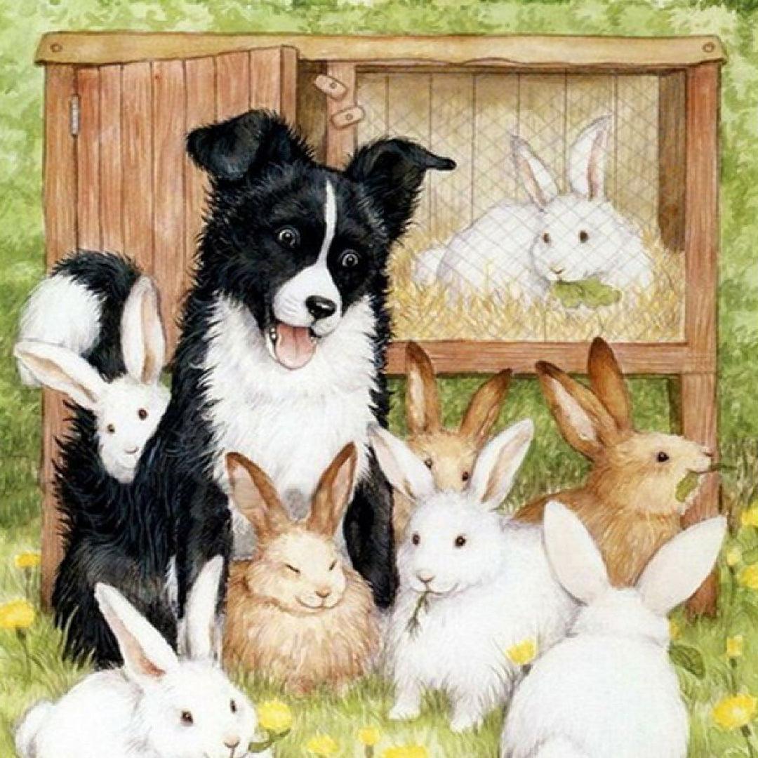 Rabbits and Friendly Dog Diamond Painting