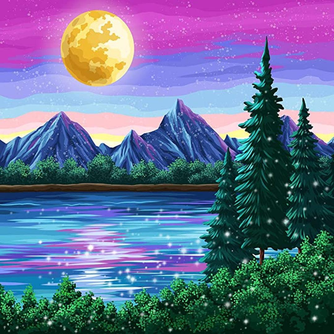 Forest Lake and Mountains under the Clear Moonlight Diamond Painting