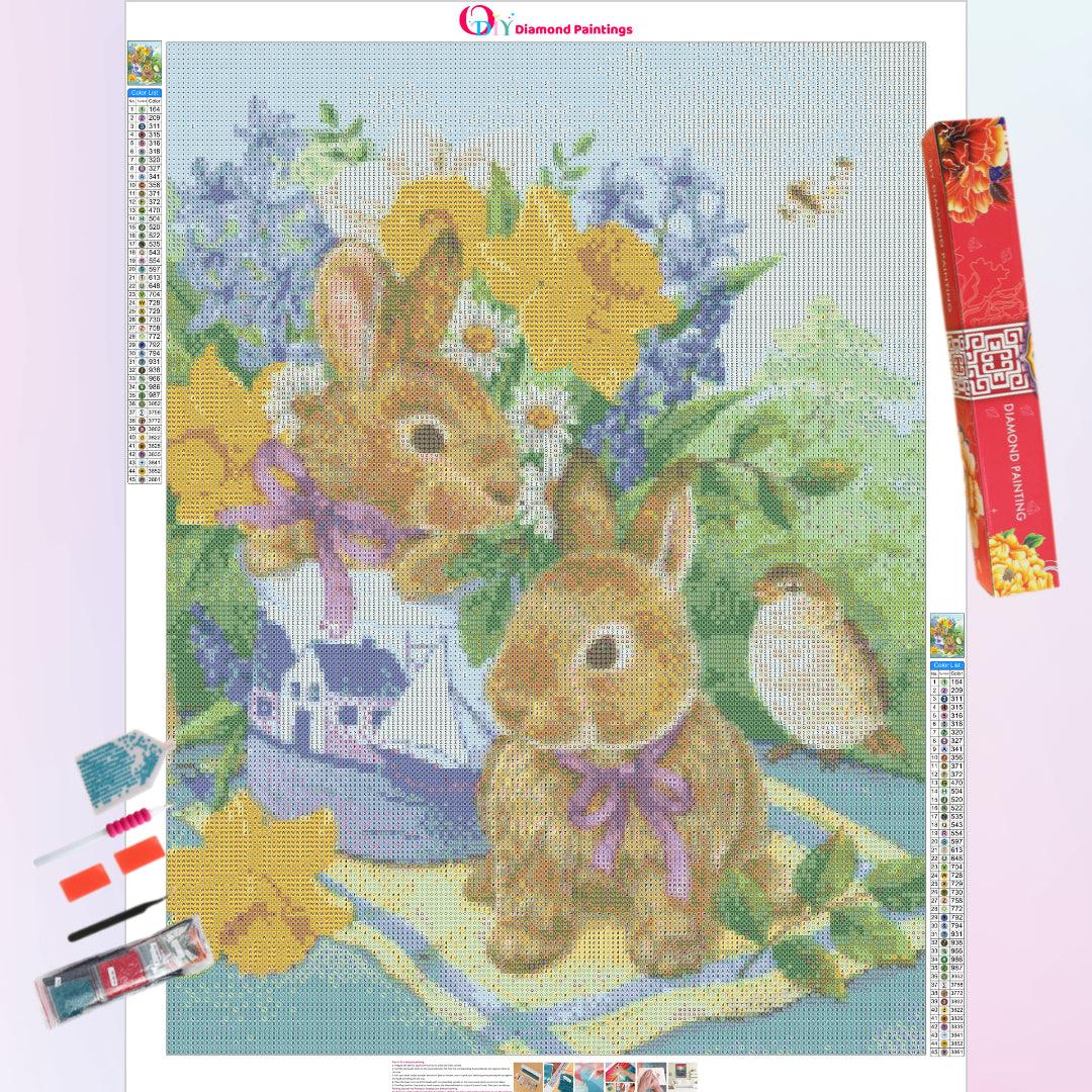 Rabbits with Flowers Diamond Painting